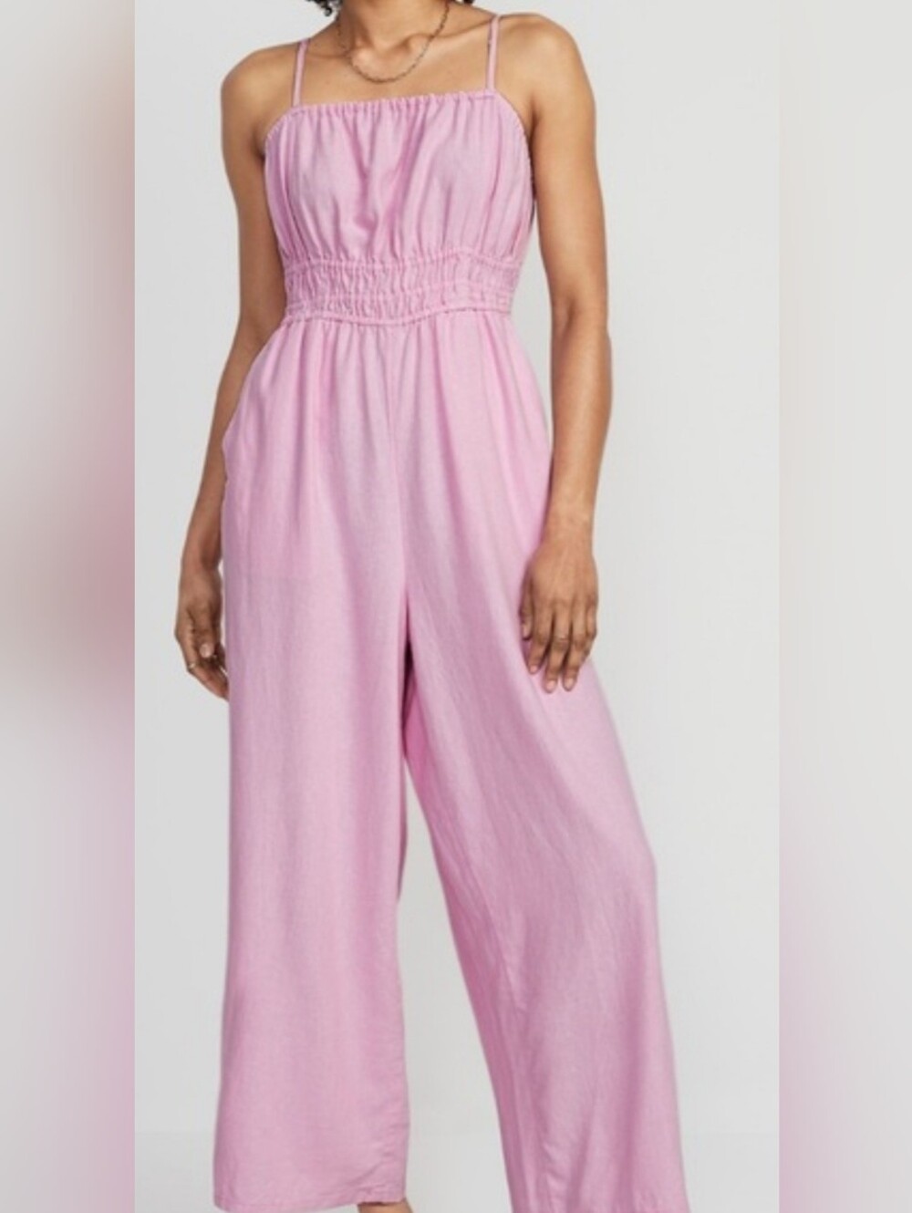Old Navy Light Pink Linen Blend Smocked-Waist Wide-Leg Jumpsuit Medium NWT